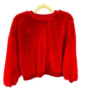 Red fuzzy cropped sweat shirt.